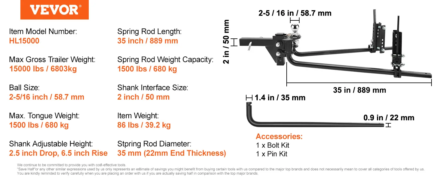 VEVOR weight distribution hitch hl15000, 17000 lbs capacity, 2-5/16 inch ball size, shank adjustable height.