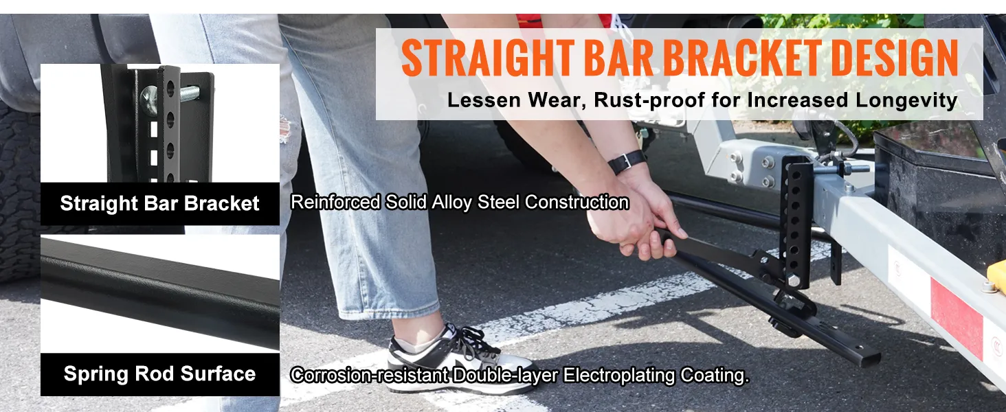 VEVOR weight distribution hitch with straight bar bracket design, rust-proof, solid alloy steel, durability.