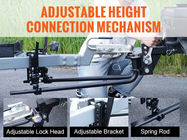 VEVOR weight distribution hitch showcasing adjustable height mechanism, secure support, and trailer alignment.