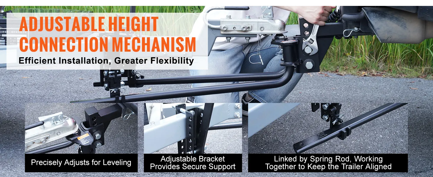 VEVOR weight distribution hitch showcasing adjustable height mechanism, secure support, and trailer alignment.