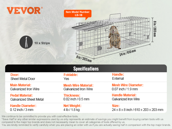 VEVOR humane animal trap lb-18, foldable galvanized iron, 24x8x8 in, with 10 strips included.