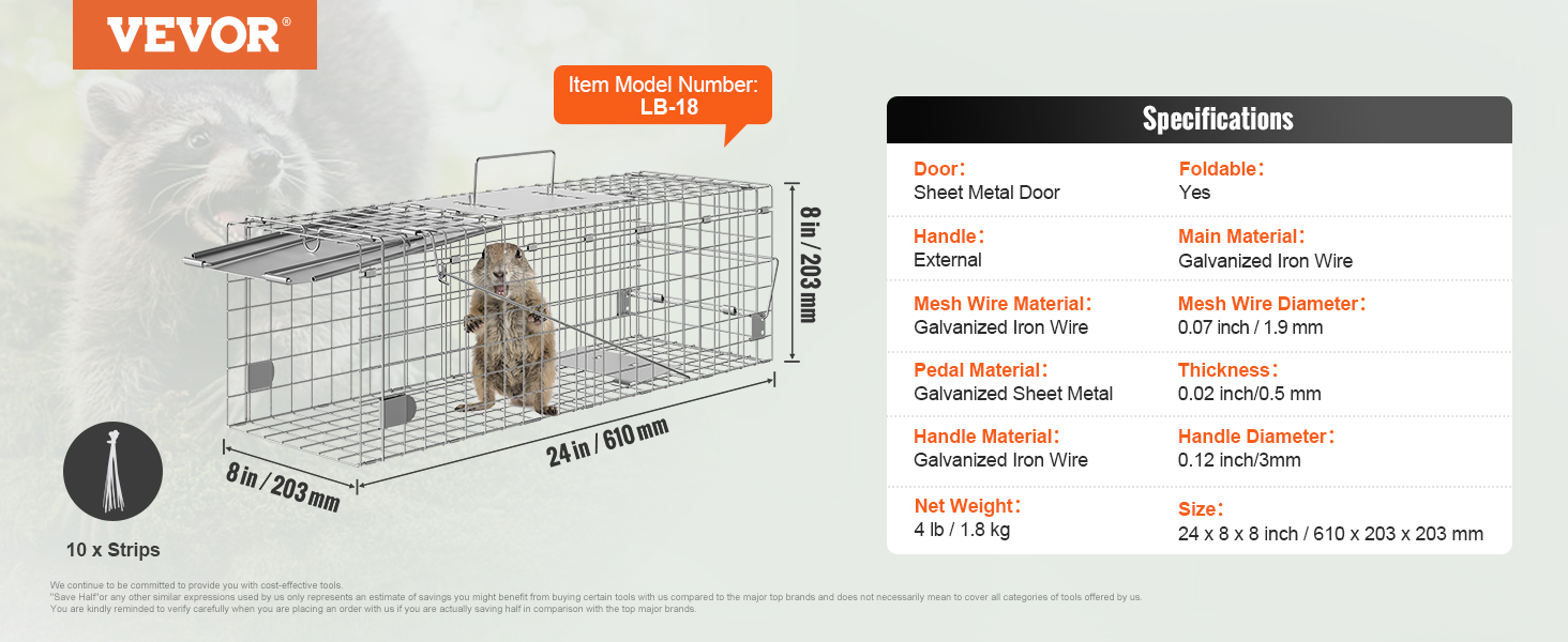 VEVOR humane animal trap lb-18, foldable galvanized iron, 24x8x8 in, with 10 strips included.
