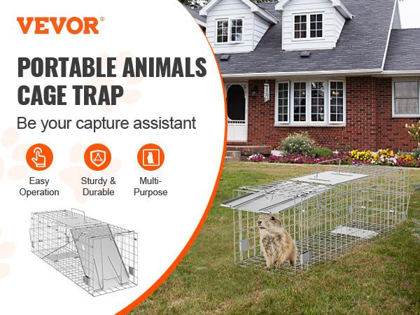 VEVOR humane animal trap set up in a garden, showcasing its easy operation and sturdy, durable design.