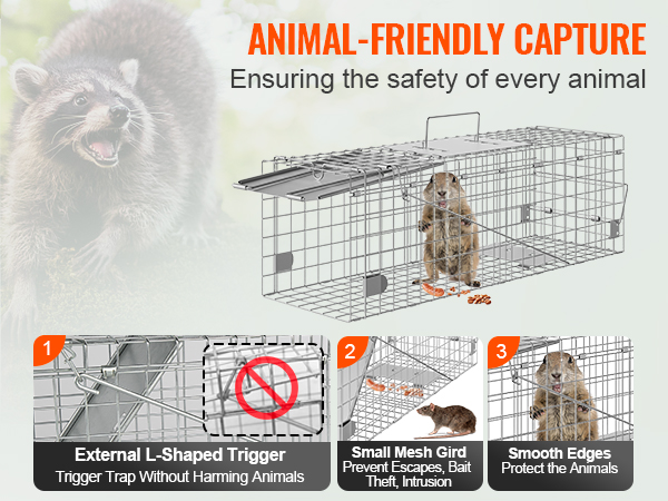 VEVOR humane animal trap ensuring safety with external l-shaped trigger, small mesh grid, and smooth edges.