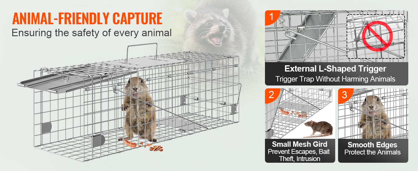 VEVOR humane animal trap ensuring safety with external l-shaped trigger, small mesh grid, and smooth edges.
