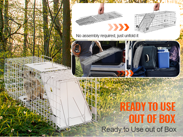 VEVOR humane animal trap in use, no assembly required, easy to set up and transport, ready to use.