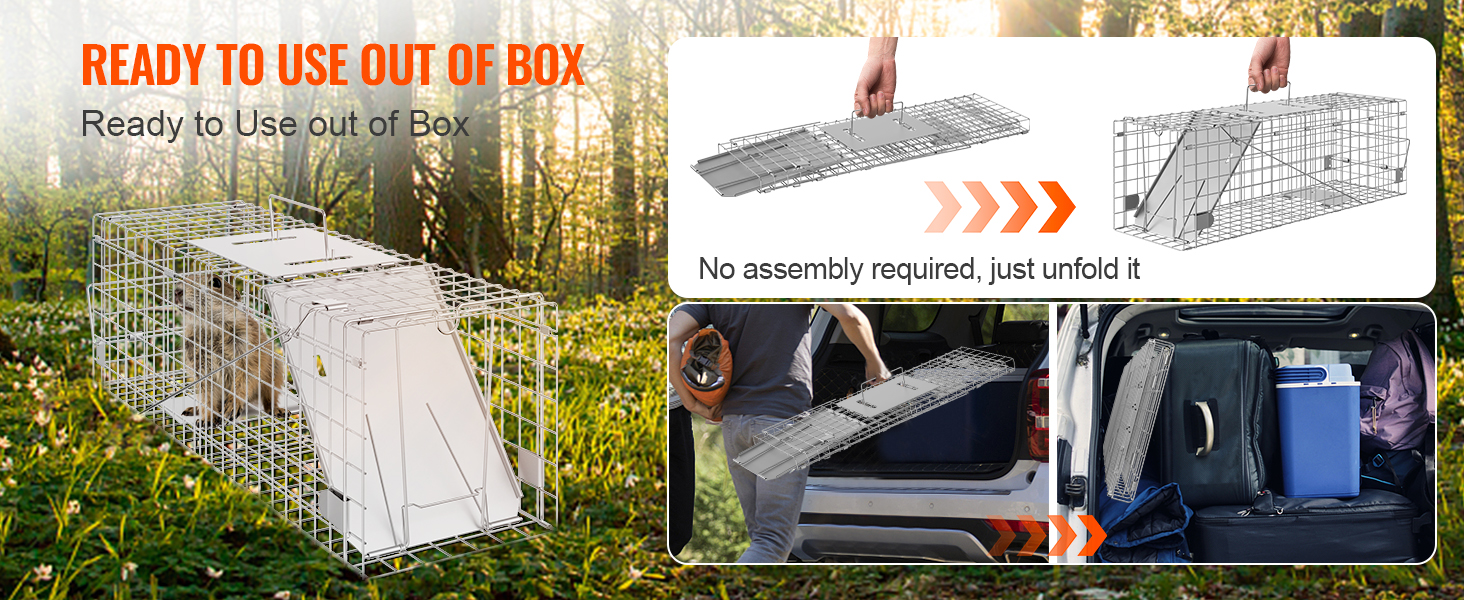 VEVOR humane animal trap in use, no assembly required, easy to set up and transport, ready to use.
