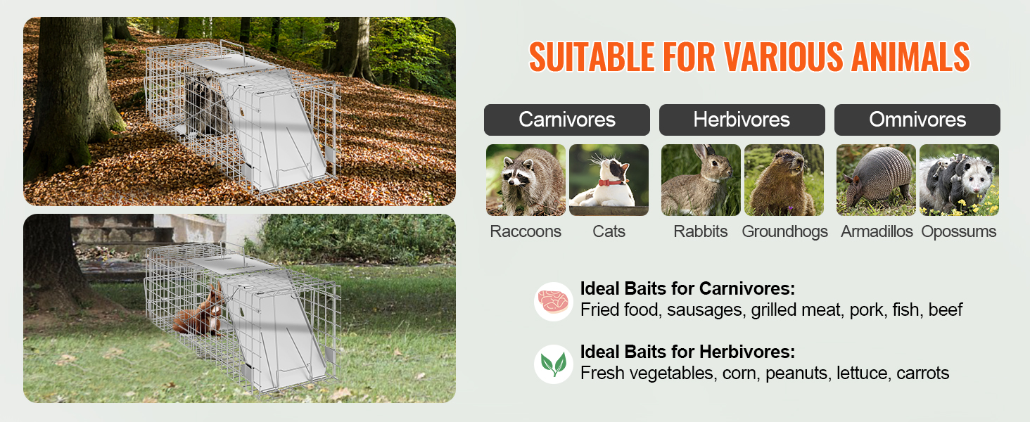 VEVOR humane animal trap, ideal for raccoons, cats, rabbits, armadillos, groundhogs, opossums.