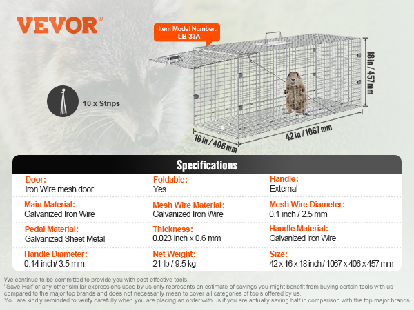 VEVOR live animal cage trap with dimensions, specifications, and features, designed for humane trapping.