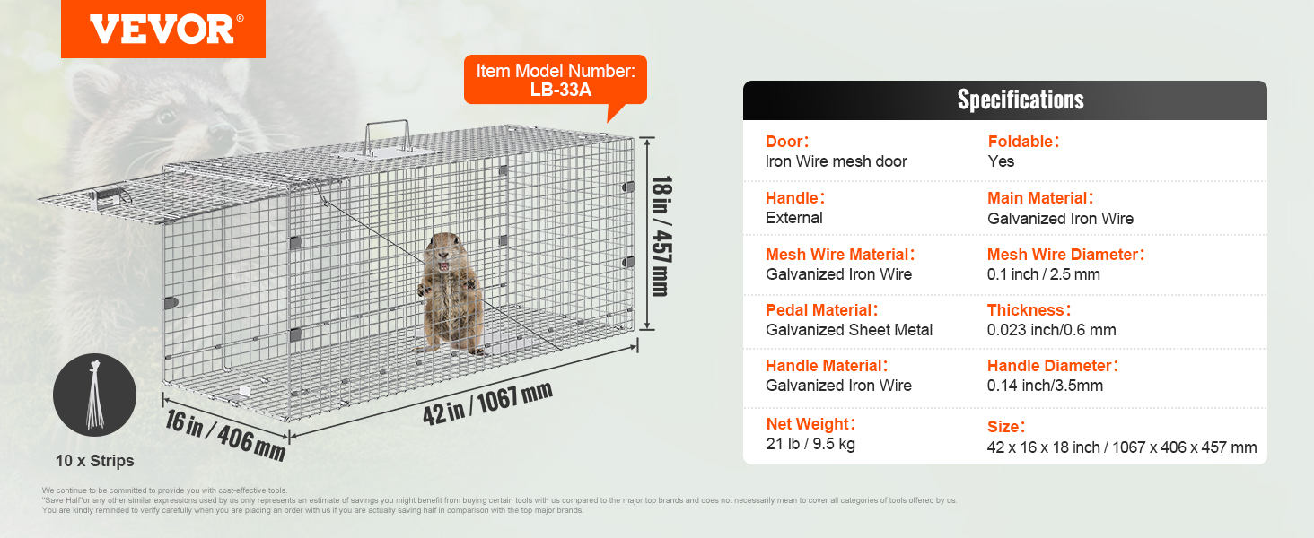 VEVOR live animal cage trap with dimensions, specifications, and features, designed for humane trapping.