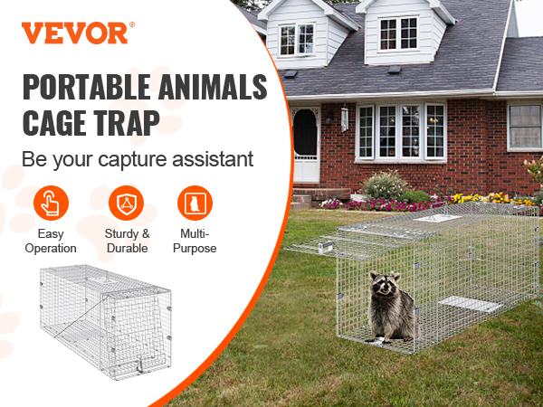 VEVOR live animal cage trap in a backyard with a raccoon inside, highlighting easy operation and durability.