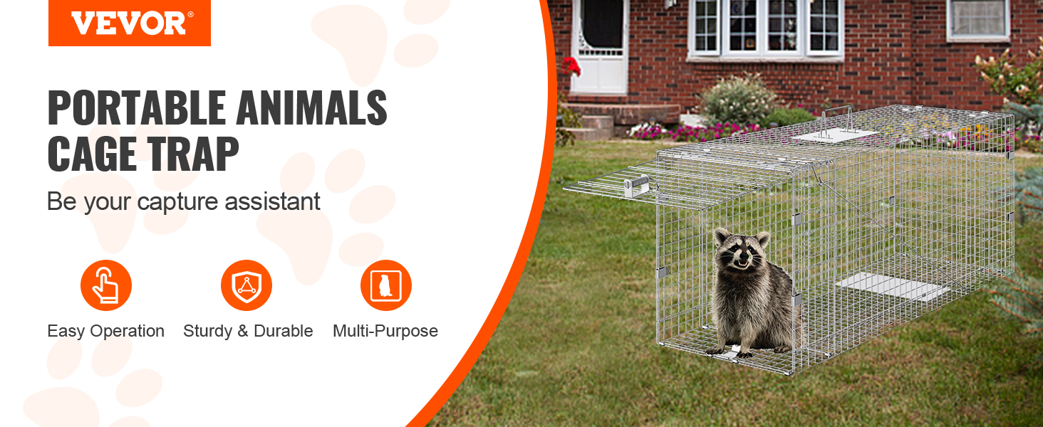 VEVOR live animal cage trap in a backyard with a raccoon inside, highlighting easy operation and durability.