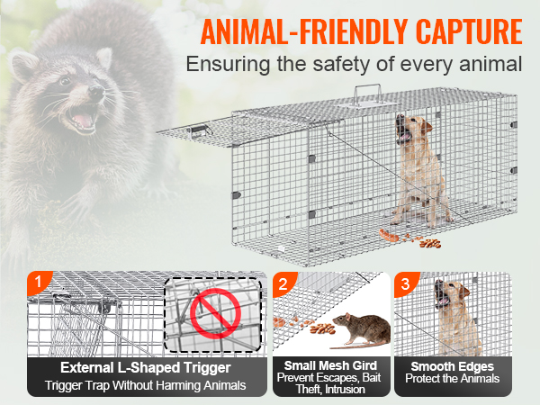 VEVOR live animal cage trap with external l-shaped trigger, small mesh grid, and smooth edges.