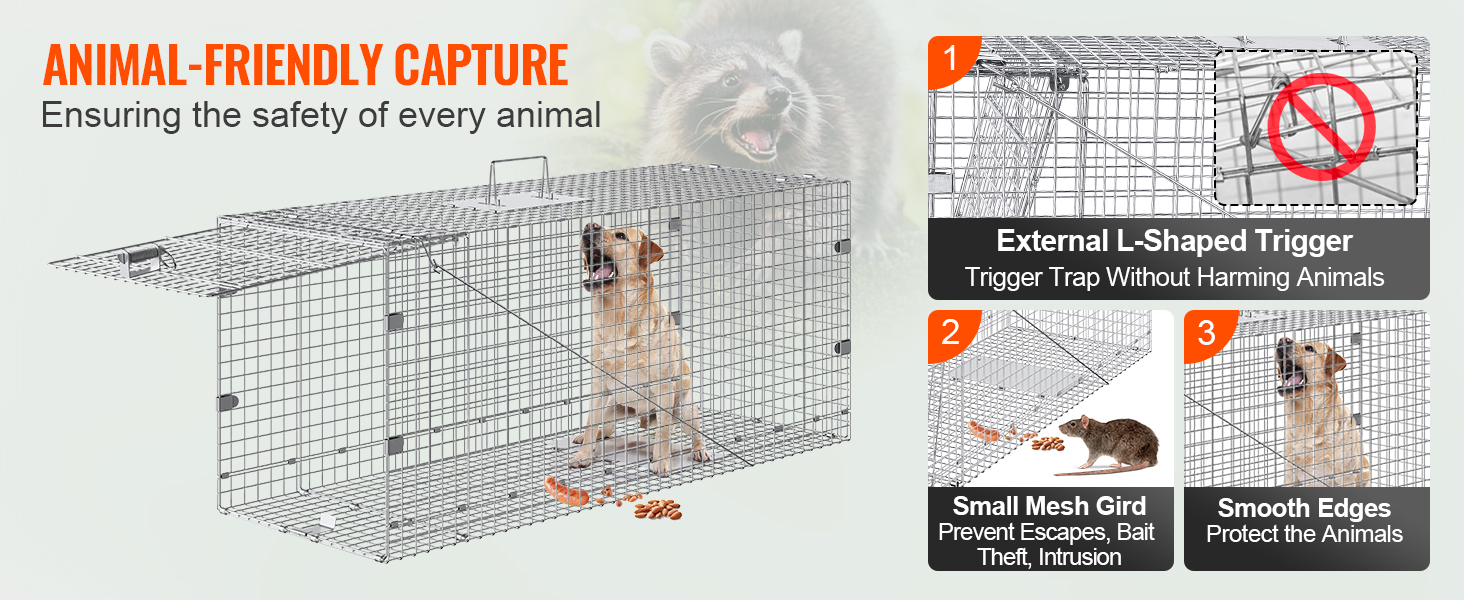 VEVOR live animal cage trap with external l-shaped trigger, small mesh grid, and smooth edges.