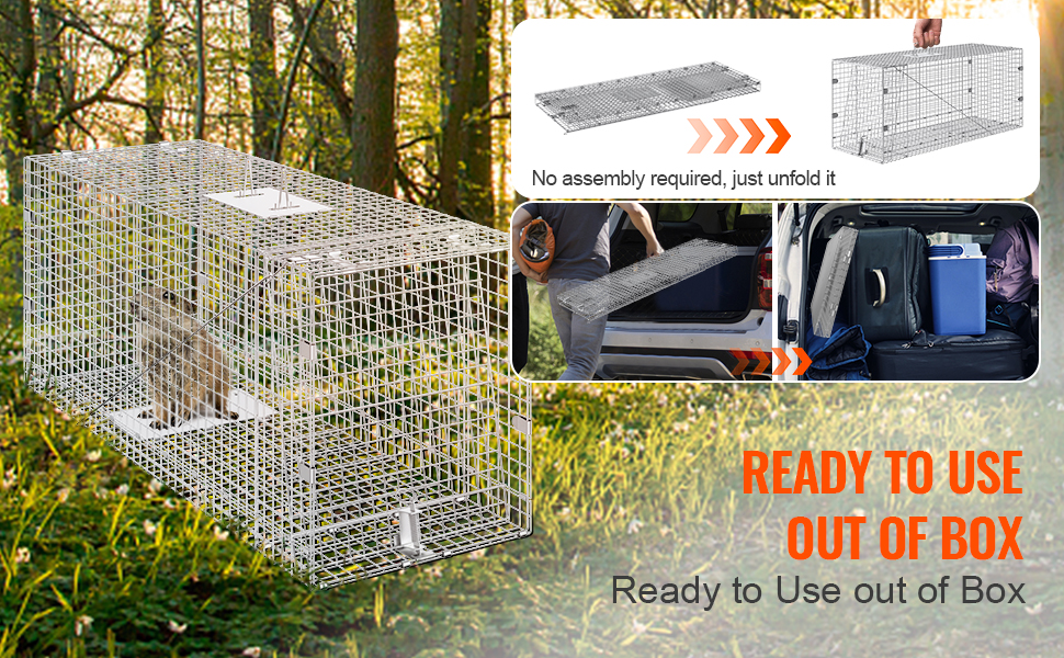 VEVOR live animal cage trap is ready to use out of the box, requiring no assembly, just unfold it.