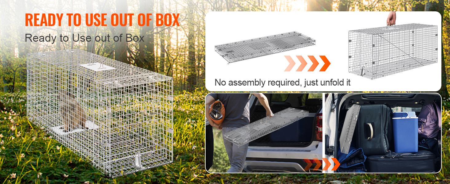 VEVOR live animal cage trap is ready to use out of the box, requiring no assembly, just unfold it.