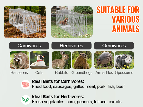 VEVOR live animal cage trap in a forest with raccoon and garden with cat, suitable for various animals.