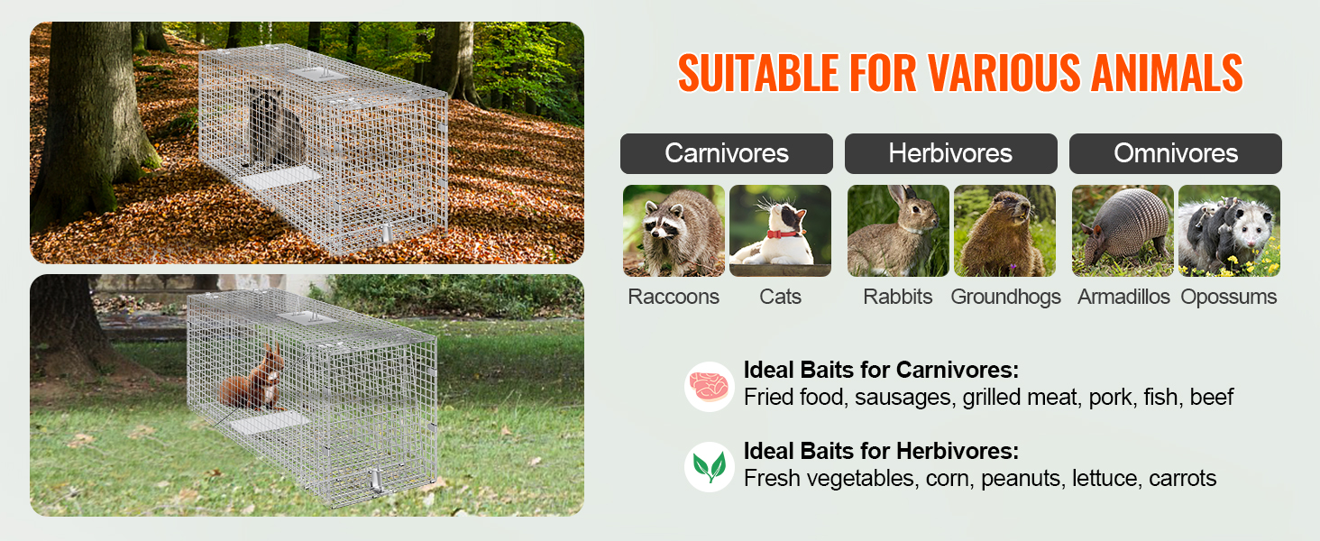 VEVOR live animal cage trap in a forest with raccoon and garden with cat, suitable for various animals.