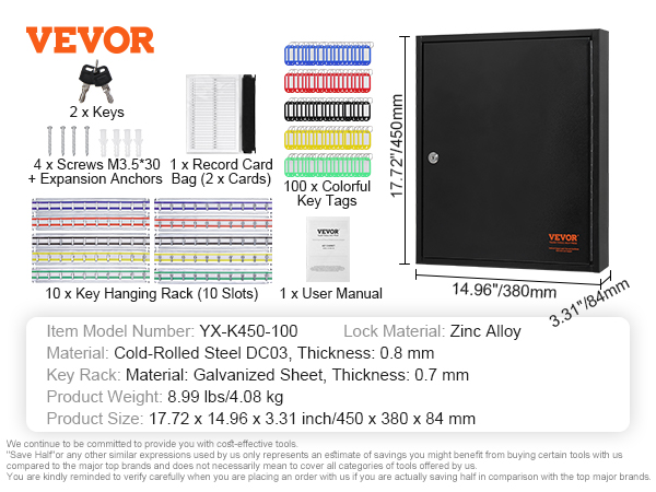 VEVOR key cabinet with dimensions, accessory set, and product specifications listed.