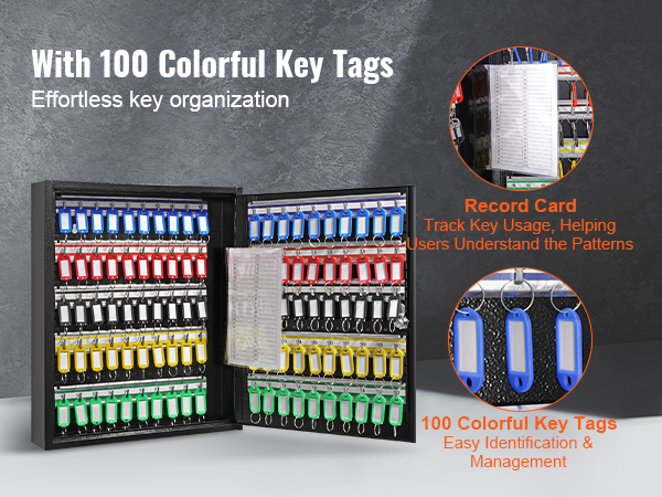 VEVOR key cabinet with 100 colorful key tags, record card, and easy key organization in a black cabinet.