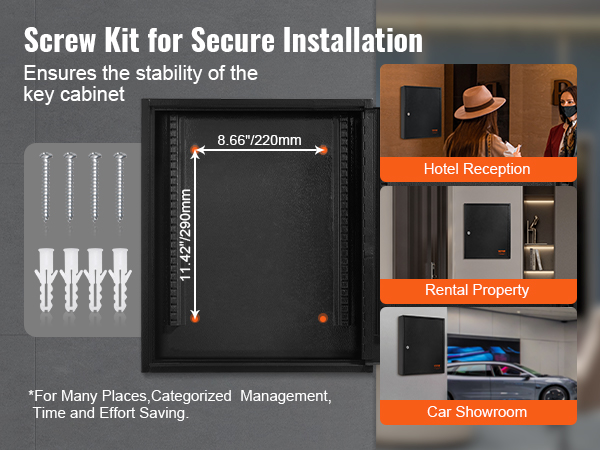 screw kit for secure installation of VEVOR key cabinet, ideal for hotel reception, rental property, and car showroom.