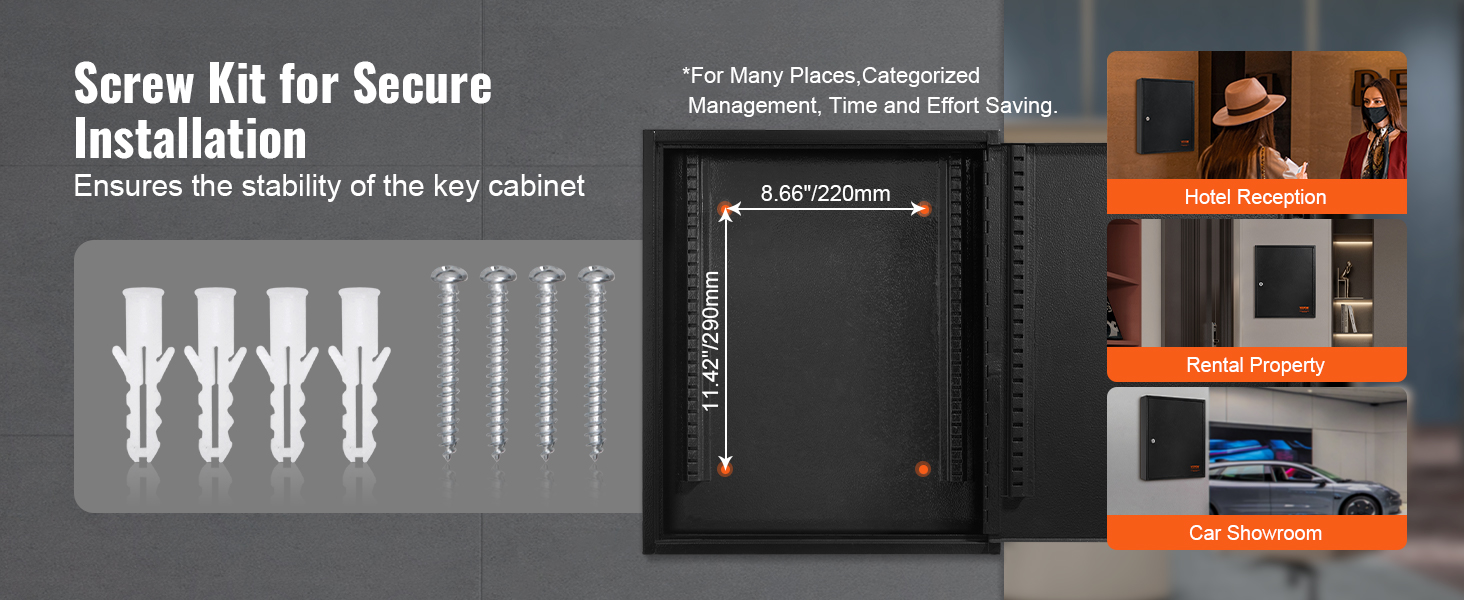 screw kit for secure installation of VEVOR key cabinet, ideal for hotel reception, rental property, and car showroom.