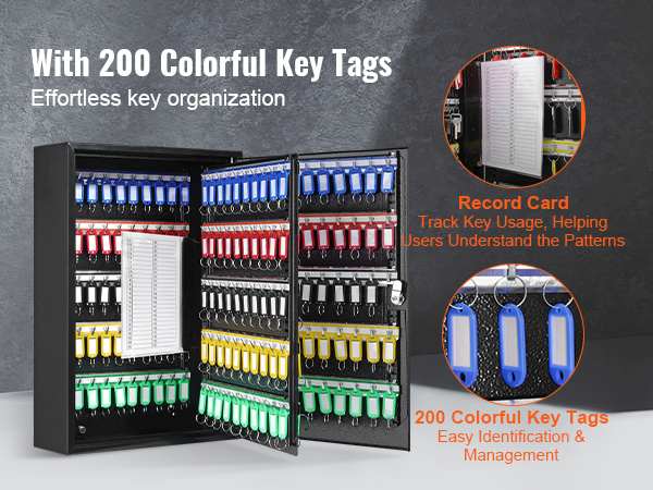 black VEVOR key cabinet with 200 colorful key tags for efficient key organization and tracking.