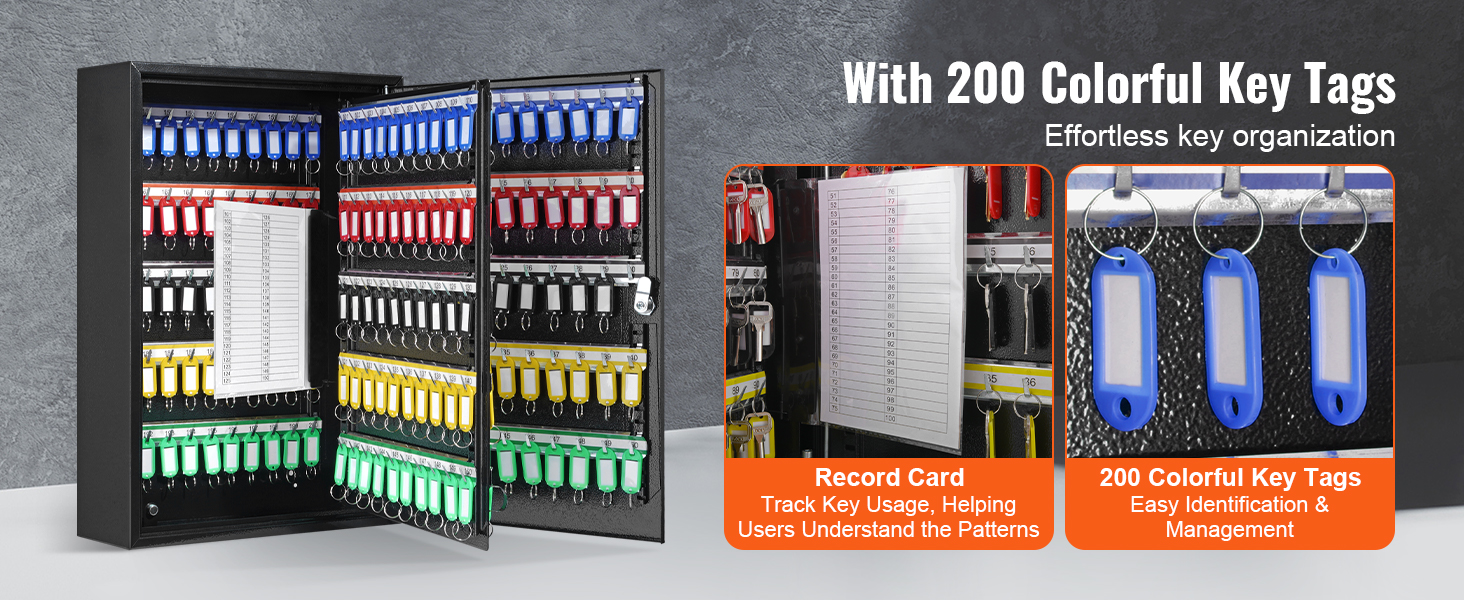 black VEVOR key cabinet with 200 colorful key tags for efficient key organization and tracking.