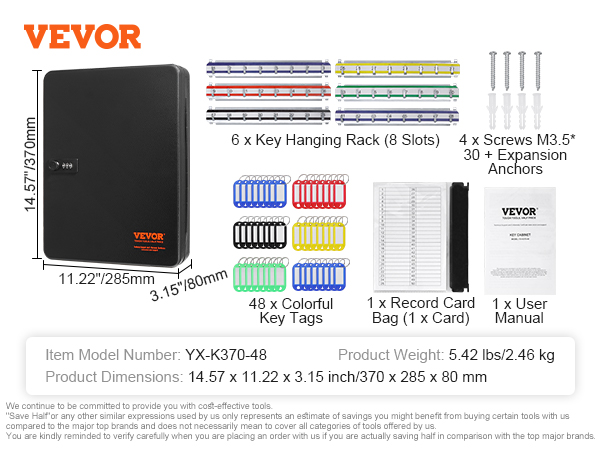 VEVOR key cabinet with combo lock, 48 colorful key tags, screws, key hanging rack, and user manual.