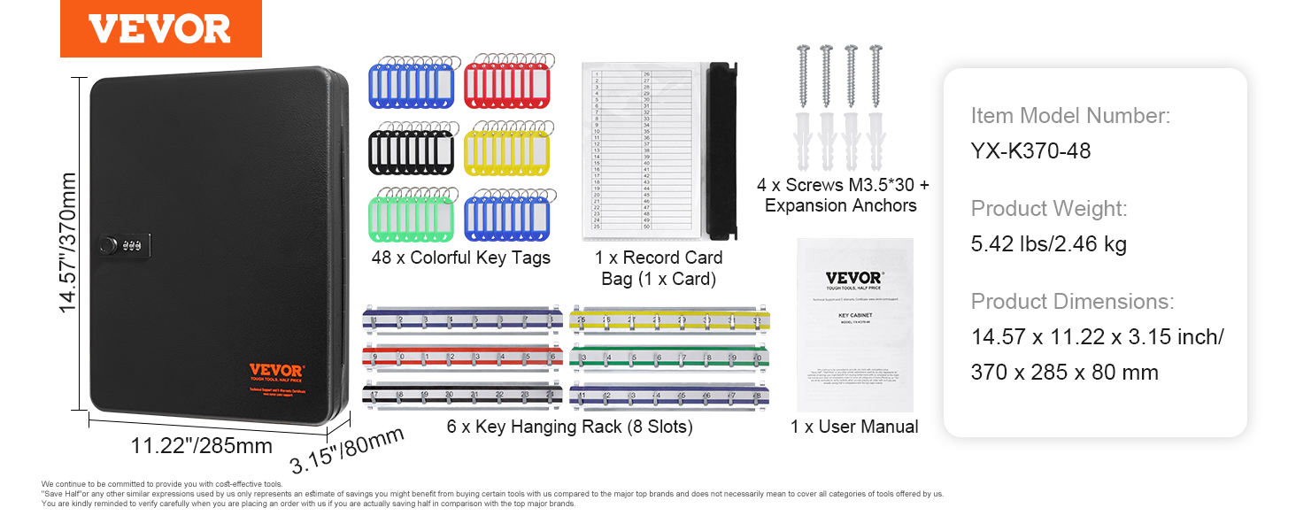 VEVOR key cabinet with combo lock, 48 colorful key tags, screws, key hanging rack, and user manual.