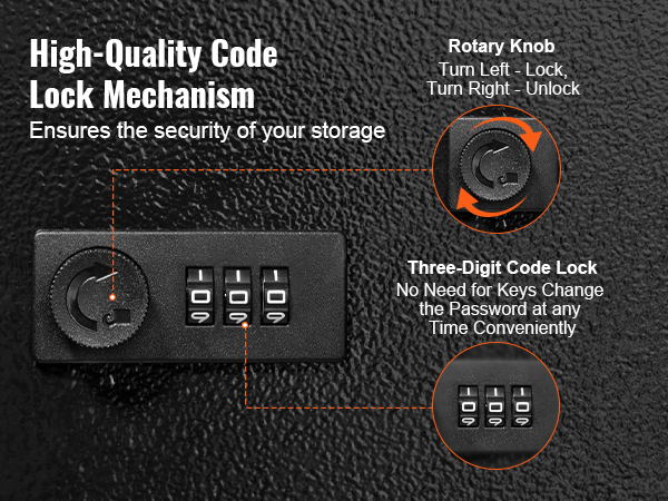 high-quality code lock mechanism on a VEVOR key cabinet with a rotary knob and three-digit code lock.