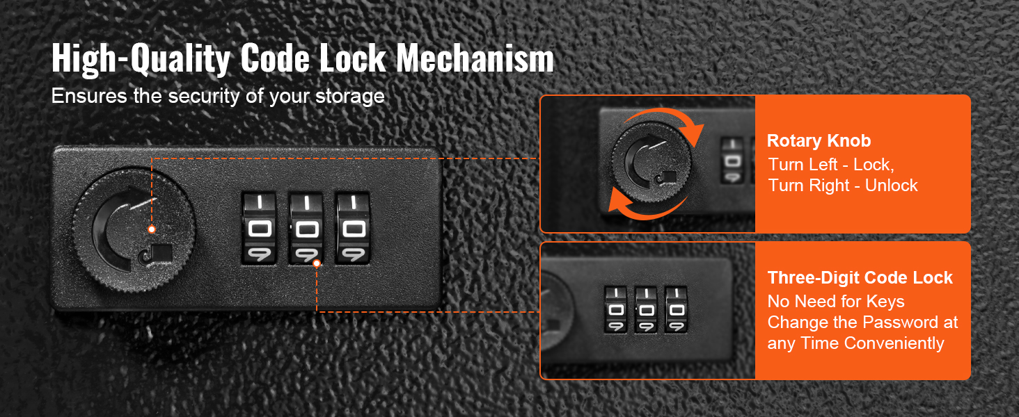 high-quality code lock mechanism on a VEVOR key cabinet with a rotary knob and three-digit code lock.