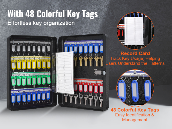 VEVOR key cabinet with 48 colorful key tags for easy identification and management, includes a record card.