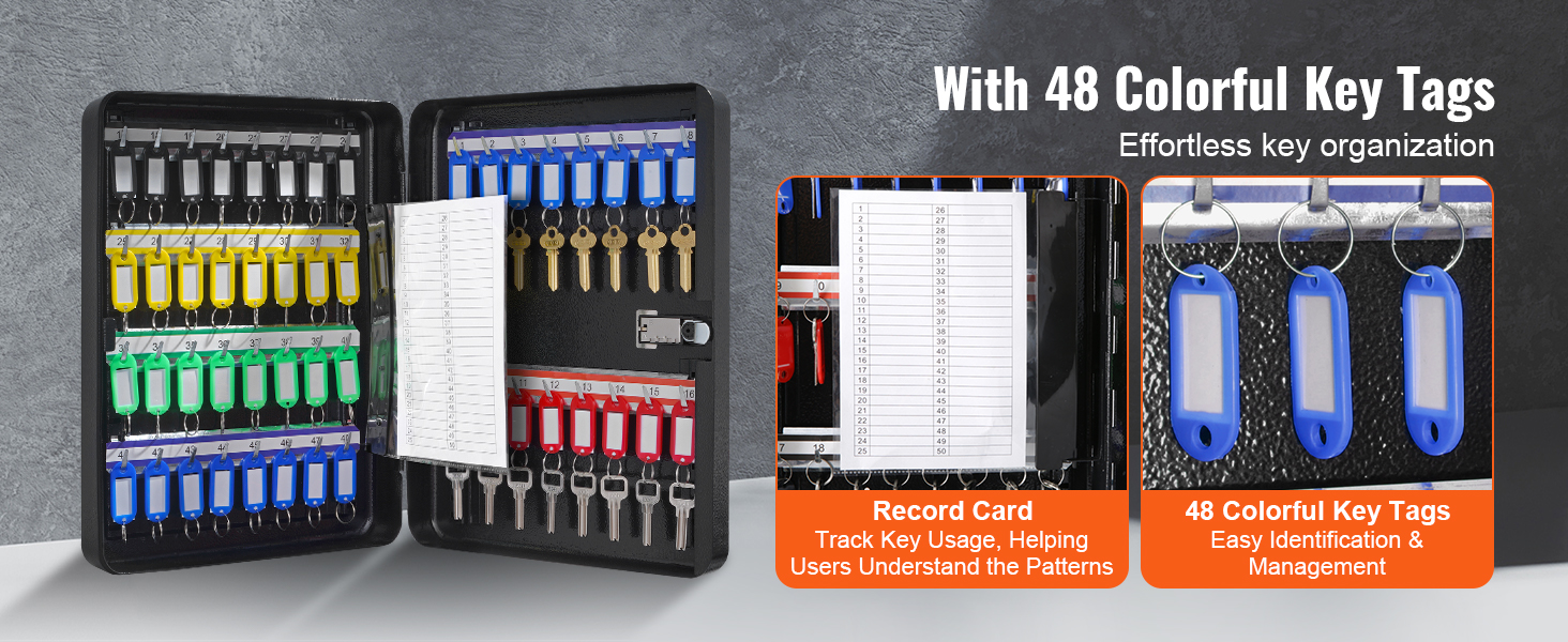 VEVOR key cabinet with 48 colorful key tags for easy identification and management, includes a record card.