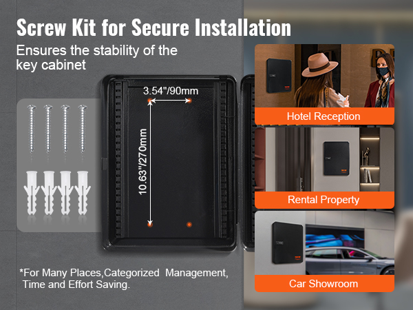 screw kit for secure installation and examples of VEVOR key cabinet in hotel, rental, and car showroom.