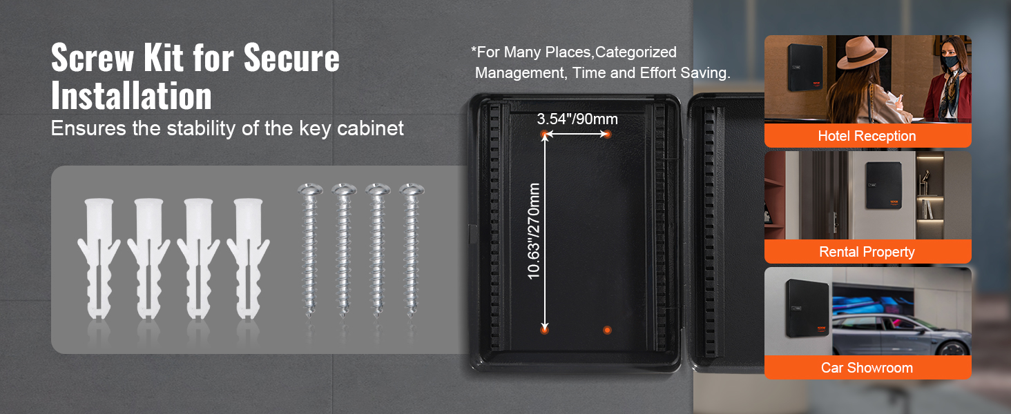 screw kit for secure installation and examples of VEVOR key cabinet in hotel, rental, and car showroom.