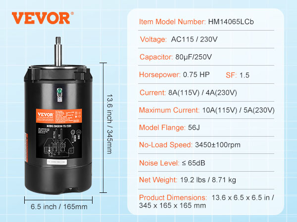 VEVOR pool pump motor, 0.75 hp, 115/230v, 3450 rpm, 8/4a, 65db, model hm14065lcb, 19.2 lbs.