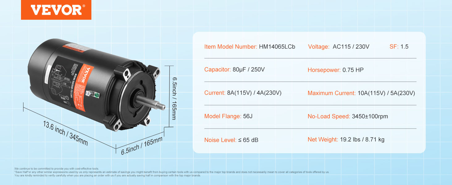 VEVOR pool pump motor, 0.75 hp, 115/230v, 3450 rpm, 8/4a, 65db, model hm14065lcb, 19.2 lbs.