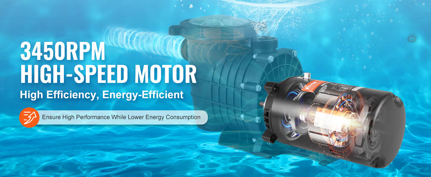VEVOR pool pump motor showcasing 3450rpm high-speed motor with high efficiency and energy efficiency.