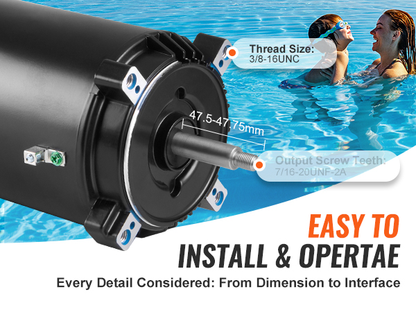 VEVOR pool pump motor with wiring diagram and measurements, easy to install and operate.