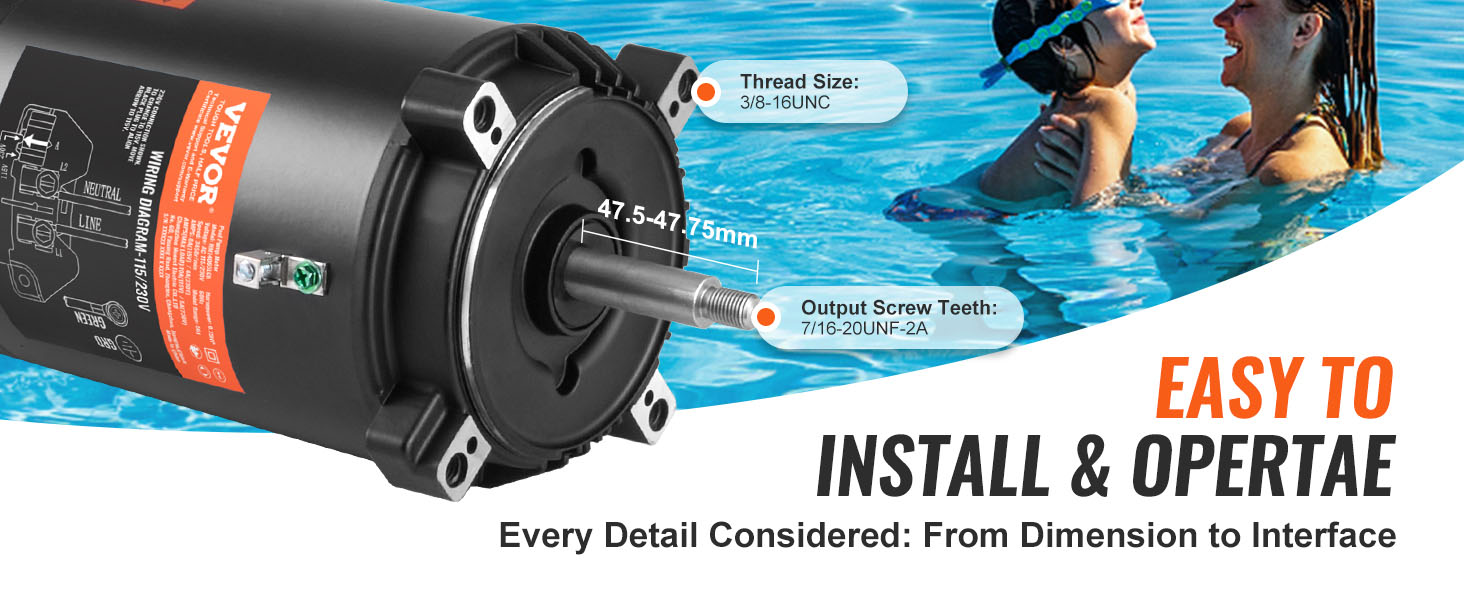 VEVOR pool pump motor with wiring diagram and measurements, easy to install and operate.