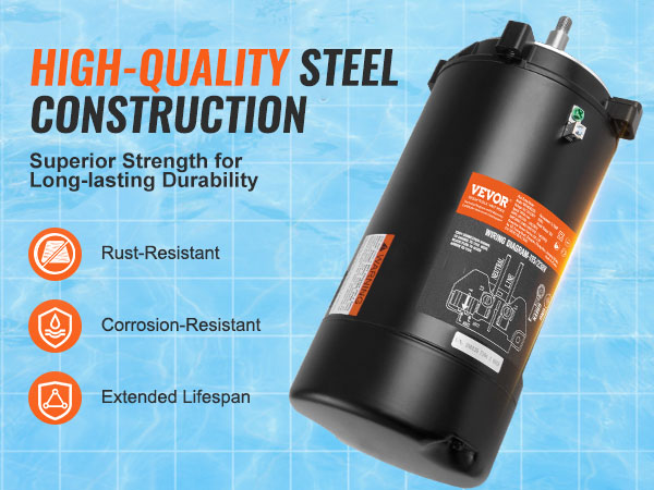 VEVOR pool pump motor with high-quality steel construction, rust-resistant, corrosion-resistant, extended lifespan.