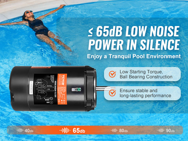 VEVOR pool pump motor with low noise, stable performance, and ball bearing construction.