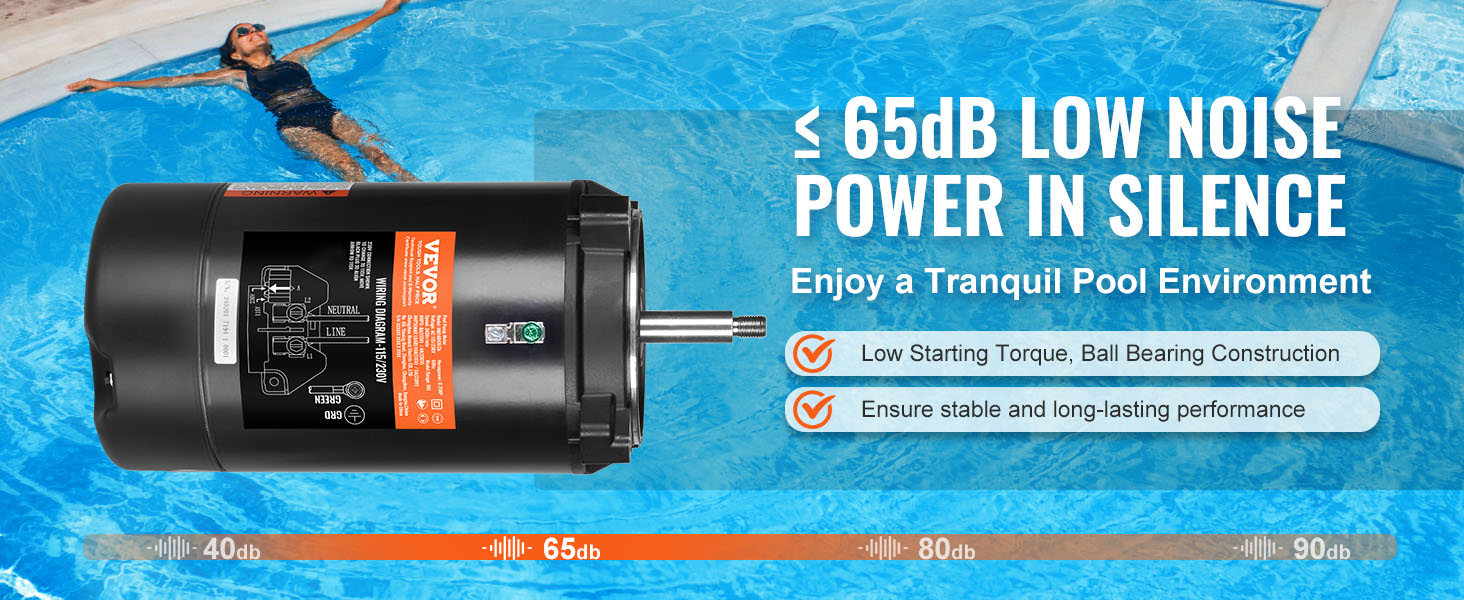 VEVOR pool pump motor with low noise, stable performance, and ball bearing construction.