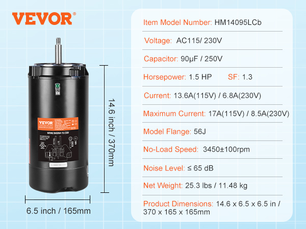 VEVOR pool pump motor hm14095lcb with 1.5 hp, 115/230v, 3500 rpm, 25.3 lbs weight, 56j flange