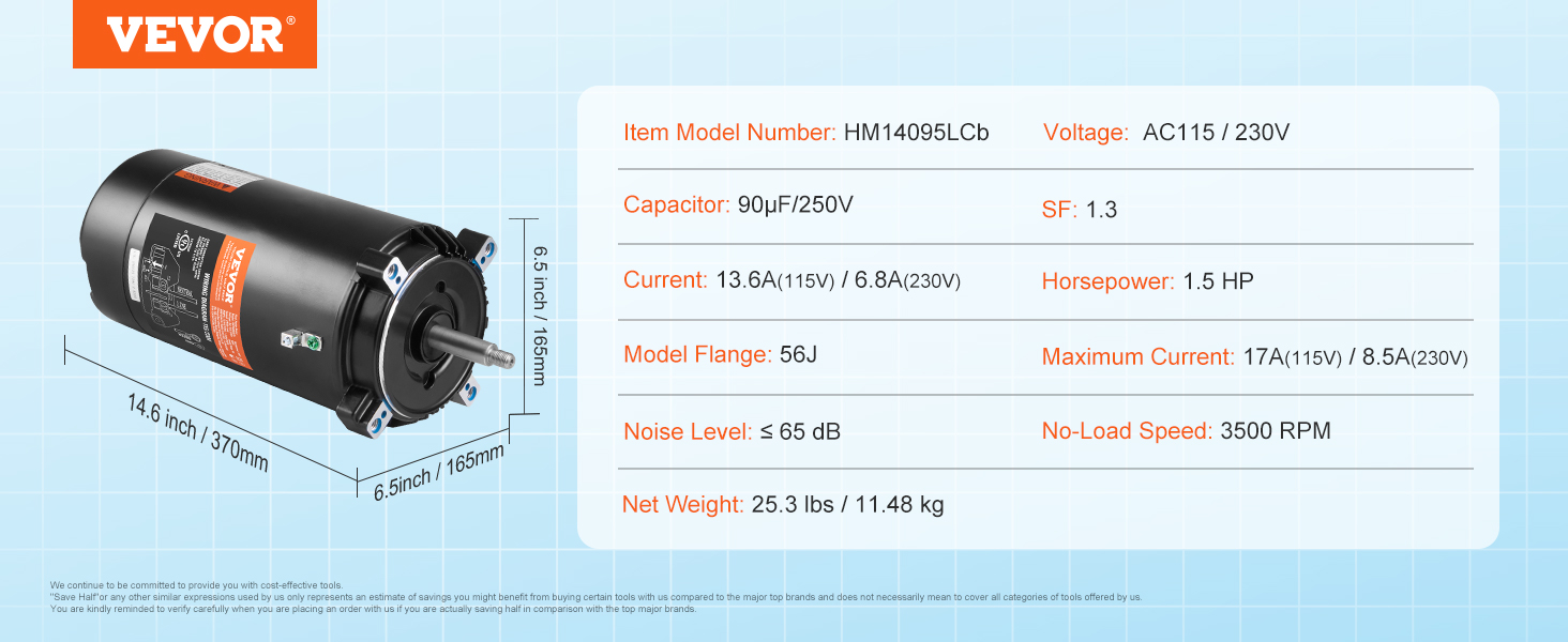VEVOR pool pump motor hm14095lcb with 1.5 hp, 115/230v, 3500 rpm, 25.3 lbs weight, 56j flange