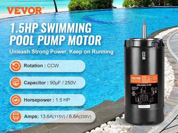 VEVOR pool pump motor by a luxurious swimming pool with deck seating, showcasing key specifications.