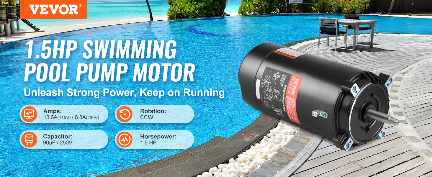 VEVOR pool pump motor by a luxurious swimming pool with deck seating, showcasing key specifications.