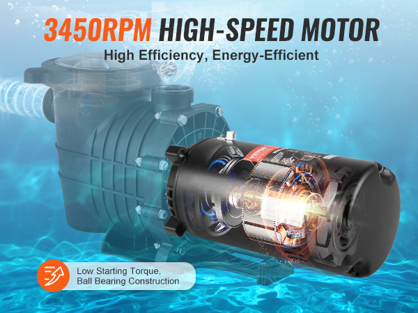3450rpm VEVOR pool pump motor: high-speed, high efficiency, energy-efficient for effective water circulation.
