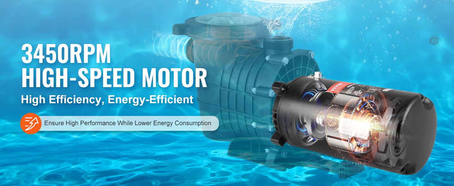 3450rpm VEVOR pool pump motor: high-speed, high efficiency, energy-efficient for effective water circulation.